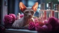 AI generated illustration of a beautiful sphynx cat surrounded by flowers