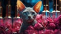 AI generated illustration of a beautiful sphynx cat surrounded by flowers