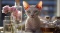 AI generated illustration of a beautiful sphynx cat surrounded by glass decorations