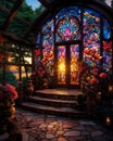 A beautiful stained glass church door with two red roses and two lit white candles flanking it