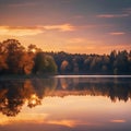 AI generated illustration of a beautiful sunset over a forest and a tranquil lake Royalty Free Stock Photo