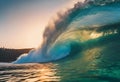 a wave splashes onto the shore of the ocean at sunset Royalty Free Stock Photo