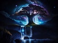 AI generated illustration of a beautiful tree on a hill with a waterfall at night Royalty Free Stock Photo