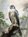 AI generated illustration of a beautiful watercolor painting of an American hawk perched on a branch