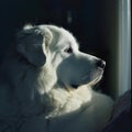 AI generated illustration of a beautiful, white canine gazing attentively through a window sill