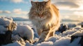 a fluffy cat walking in the snow on top of a hill