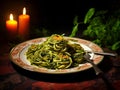 AI generated illustration of a beautiful white plate with a helping of pasta with green vegetables Royalty Free Stock Photo