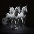 AI generated illustration of beautiful white unicorns on black background