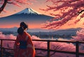 AI generated illustration of beautiful woman in a traditional kimono admiring scenic mountain view Royalty Free Stock Photo