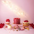 AI generated illustration of cakes and candles artfully arranged in a charming pink room Royalty Free Stock Photo