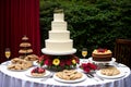 AI generated illustration of a beautifully presented dessert table featuring a three-tiered cake
