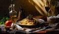 a dinner table with pasta, sauce and vegetables on it