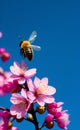 AI generated illustration of a bee flying on a pink flower blossom on a spring day Royalty Free Stock Photo