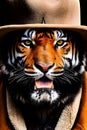 AI generated illustration of a Bengal Tiger wearing a hat standing upright with its mouth wide open Royalty Free Stock Photo