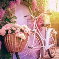 AI generated illustration of a bicycle with a wicker basket of roses in front of it