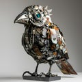 AI generated illustration of a bird sculpture created from recycled metal materials