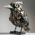 AI generated illustration of a bird sculpture created from recycled metal materials