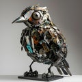 AI generated illustration of a bird sculpture created from recycled metal materials