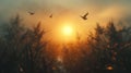 AI generated illustration of birds soar above tall grass and trees at sunset on a beach Royalty Free Stock Photo