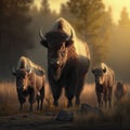 AI Generated illustration from bison family standing outside with sunset light