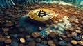 AI generated illustration of a Bitcoin cryptocurrency token surrounded by gold coins Royalty Free Stock Photo