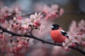 AI generated illustration of a black-capped chickadee perched on a blooming tree branch