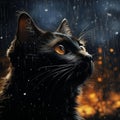 a black cat staring into the sky in a rain storm Royalty Free Stock Photo