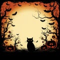 AI generated illustration of a black cat perched atop a pile of pumpkins in a night-time setting Royalty Free Stock Photo