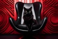 AI generated illustration of a black cat perched comfortably on a luxurious black leather chair