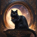 AI generated illustration of a black cat perched in a luxurious wooden box with intricate designs