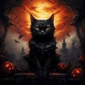 AI generated illustration of a black cat with several orange Halloween pumpkins in the foreground Royalty Free Stock Photo
