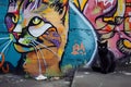 a black cat is sitting next to colorful graffiti on the walls Royalty Free Stock Photo