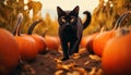 AI generated illustration of a black cat in a stack of orange pumpkins for Halloween