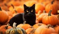 AI generated illustration of a black cat in a stack of orange pumpkins for Halloween