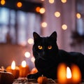 AI generated illustration of A black cat on a tabletop, surrounded by seasonal Halloween pumpkins Royalty Free Stock Photo