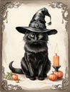 AI generated illustration of a black cat wearing a witch hat, sitting with pumpkins for Halloween Royalty Free Stock Photo