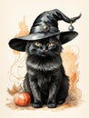 AI generated illustration of a black cat wearing a witch hat, sitting with pumpkins for Halloween Royalty Free Stock Photo