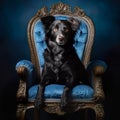 AI generated illustration of a black dog sitting on a blue throne on a blue background