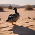 AI generated illustration of a black duck standing on a beach Royalty Free Stock Photo