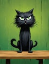 AI generated illustration of A black feline with bright green eyes on a wooden table