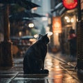 AI generated illustration of a black feline perched on a wet surface in the rain, gazing outwards