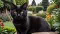 AI generated illustration of a black feline resting in a field of bright flowres