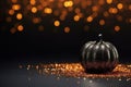 AI generated illustration of a black glittered pumpkin in front of a sparkling bokeh background