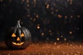 AI generated illustration of a black glittered pumpkin in front of a sparkling bokeh background