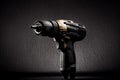 AI generated illustration of a black and golden cordless drill on a solid black background