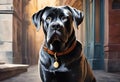 AI generated illustration of a black Italian Mastiff beside a set of stairs