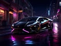 AI generated illustration of a black Lamborghini parked on a street in an urban setting at night