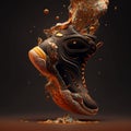 AI generated illustration of a black and orange shoe with a colorful floating around it