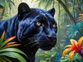 AI generated illustration of a black panther in the lush jungle habitat