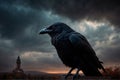 AI generated illustration of a black raven perched against a tower on a cloudy day